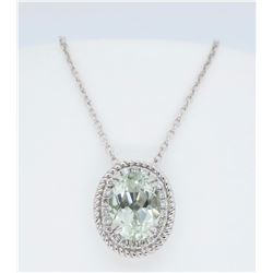 14KT White Gold Green Amethyst and Diamond Pendant with Chain