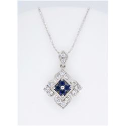14KT White Gold Blue Sapphire and Diamond Pendant with Chain