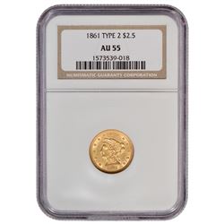 1861 $2.5 Liberty Head Type 2 Gold Coin NGC AU55