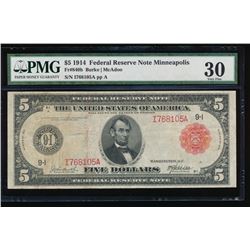 1914 $5 Minneapolis Red Seal Federal Reserve Note PMG 30