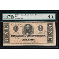 1864 $1 Confederate States of America Note PMG 45