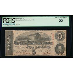 1863 $5 Confederate States of America Note PCGS 55