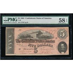 1864 $5 Confederate States of America Note PMG 58EPQ