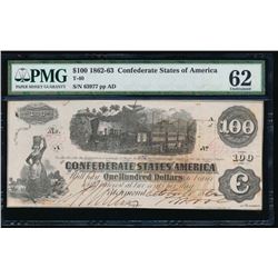1862-63 $100 Confederate States of America Note PMG 62