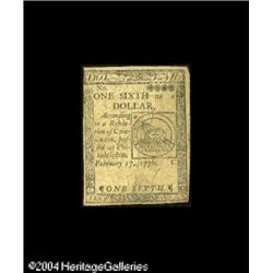 Continental Currency February 17, 1776 $1/6 Very Fine Continental Currency February 17, 1776 $1/6 Ve