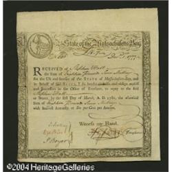 Massachusetts Treasury Certificate. Listed as MA 10 in Massachusetts Treasury Certificate.