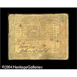 October 1, 1773, 18d, Pennsylvania, PA-163, Fine-VF. T Pennsylvania October 1, 1773 18d, Fine-Very F