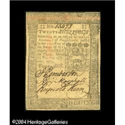 October 1, 1773, 20s, Pennsylvania, PA-169, AU. A ligh Pennsylvania October 1, 1773 20s, About Uncir