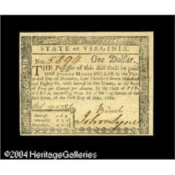 Virginia May 1, 1780 $1 Gem New. Fully signed on bo Virginia May 1, 1780 $1 Gem New.