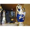 Image 2 : LOT OF BACK, BLUE, AND GOLD VASES, CARAFFES, AND LIDDED DISH
