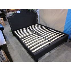 NEW FLOOR MODEL QUEENSIZE GREY UPHOLSTERED PLATFORM BEDFRAME, RETAIL $1199