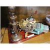 Image 2 : TRAY OF VINTAGE KITCHEN WARE AND WOOD CANDLESTICKS AND LAZY SUSAN