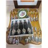 Image 2 : COLLECTOR SPOONS ON WOOD RACK AND 4 SPOONS IN CASE, LAMOGE PLATE, AND PRINT OF ABSTRACT FLOWERS
