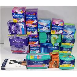 LARGE BAG OF ASSORTED FEMININE CARE PRODUCTS.