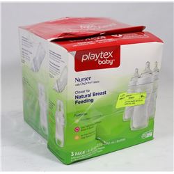 LOT OF PLAYTEX BABY BOTTLES, SILICONE NIPPLES, AND
