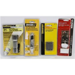 FLAT OF NEW TOOLS INCLUDING PLUMB BOB, 21 LED