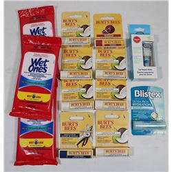 BAG OF LIP CARE PRODUCTS AND WET WIPES.
