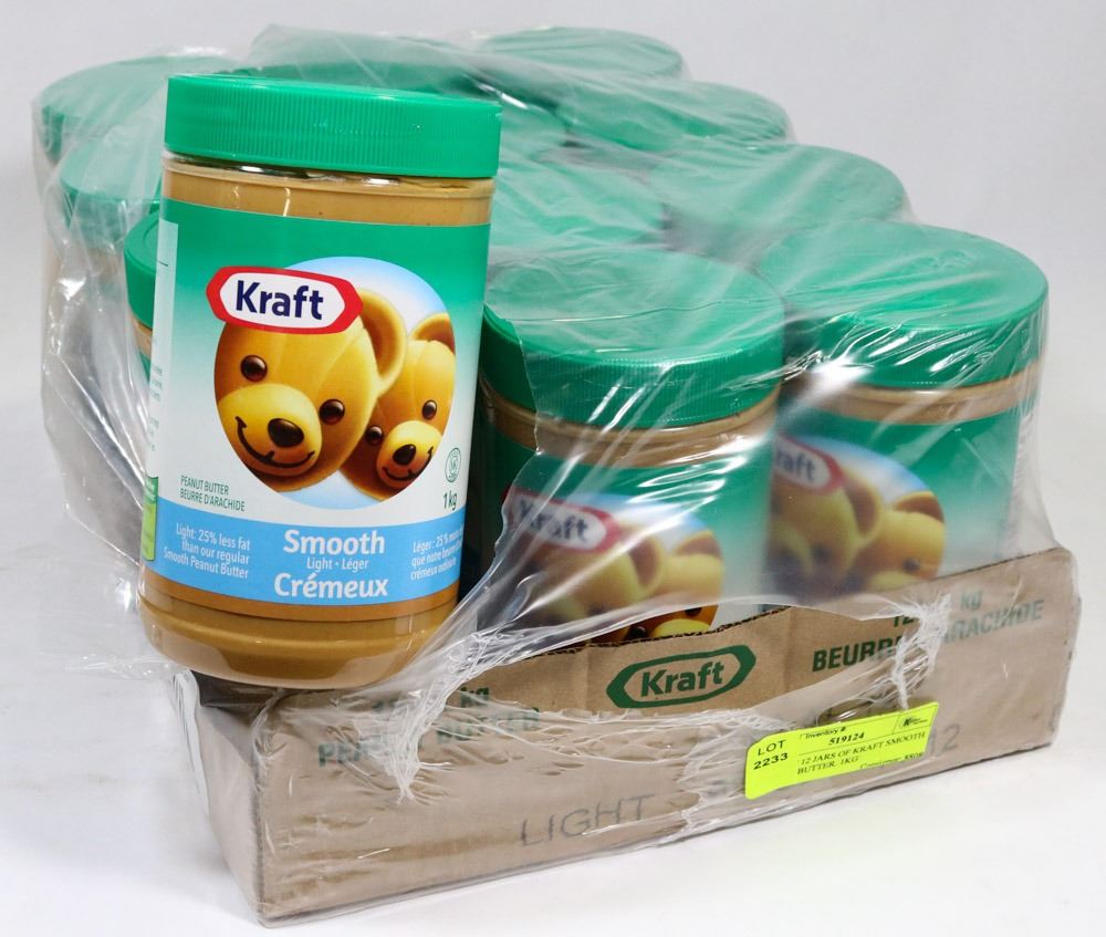 FLAT OF 12 JARS OF KRAFT SMOOTH PEANUT BUTTER. 1KG
