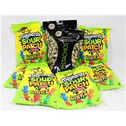 BAG OF MAYNARDS SOUR PATCH KIDS AND PISTACHIOS.