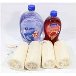 BAG OF SOFTSOAP REFILLS AND LOOFAHS.