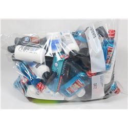 BAG OF ASSORTED TRAVEL SIZE BEAUTY PRODUCTS.
