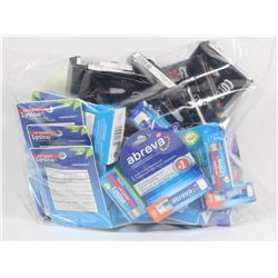 BAG OF ASSORTED COLD SORE RELIEF TREATMENTS.