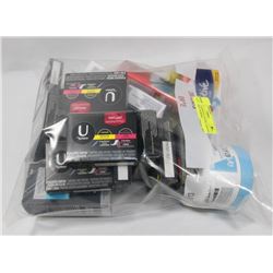 BAG OF ASSORTED LINERS, TAMPONS, BODY SPRAY & MORE.