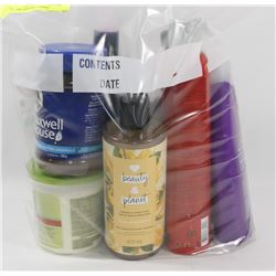 LARGE BAG OF ASST HAIR CARE ITEMS, INSTANT COFFEE