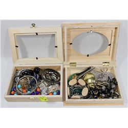 LOT OF 2 WOODEN JEWELRY BOXES WITH CONTENTS.