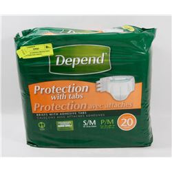 PACK OF 20 DEPEND PROTECTION WITH TABS SIZE SMALL.