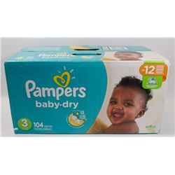 BOX OF 104 PAMPERS BABY DRY SIZE 3 DIAPERS.