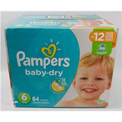 BOX OF 64 PAMPERS BABY DRY SIZE 6 DIAPERS.