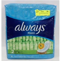 PACK OF 42 ALWAYS MAXI SUPER LONG PADS.