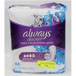 PACK OF 66 ALWAYS DISCREET MODERATE PADS.