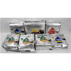 LOT OF 7 ASSORTED PACKS OF TASSIMO COFFEE PODS.