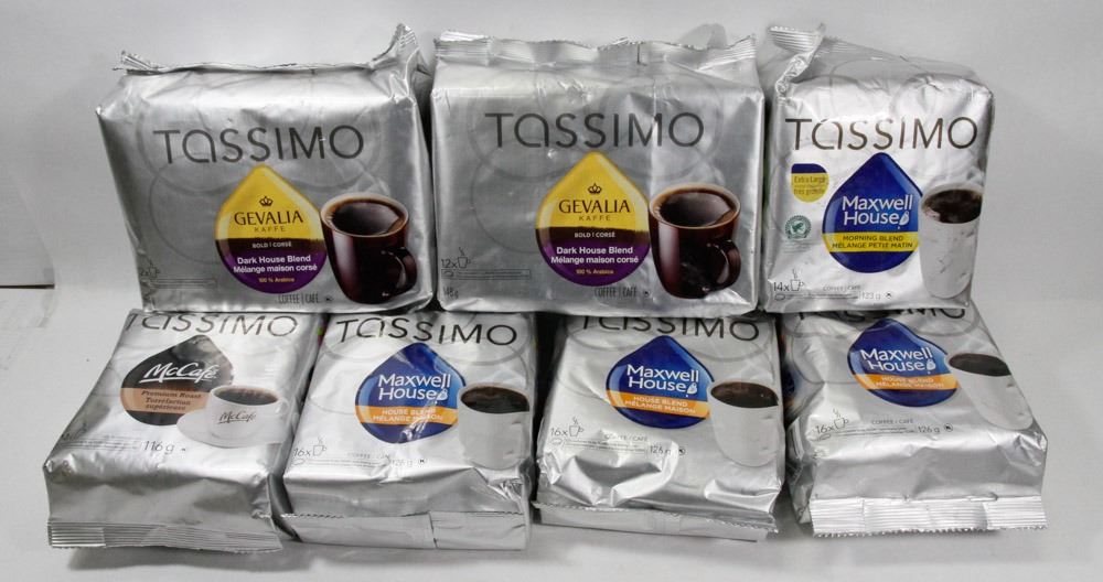 LOT OF 7 ASSORTED PACKS OF TASSIMO COFFEE PODS.