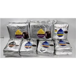 LOT OF 7 ASSORTED PACKS OF TASSIMO COFFEE PODS.