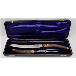 VINTAGE BIRKS ANTLER CARVING SET.