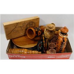 FLAT OF POLISH/VINTAGE POTTERY, WOODEN PLATES AND