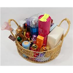 BASKET OF ASSORTED PERFUMES.