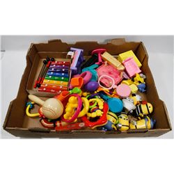 BOX OF VINTAGE BABY TOYS, MINION TOYS,
