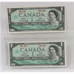 TWO CANADA 1967 CENTENNIAL DOLLAR BILLS