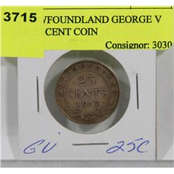 1917C NEWFOUNDLAND GEORGE V SILVER 25 CENT COIN