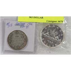 LOT OF 2 CANADA COINS, 1916 50 CENT,  1963 DOLLAR