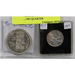 LOT OF 2 CANADA COINS 1958 DOLLAR, 1943 QUARTER