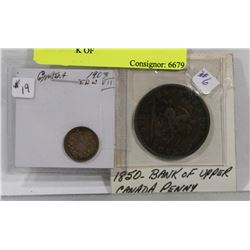LOT OF 2 CANADA COINS, 1903 DIME, 1850 BANK OF