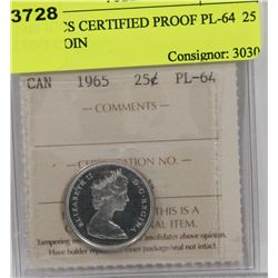 1965 ICCS CERTIFIED PROOF PL-64  25 CENT COIN