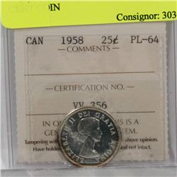 1958 ICCS CERTIFIED PROOF PL-64  25 CENT COIN