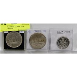 LOT OF 3 CANADA COINS, 1939 SILVER DOLLAR,