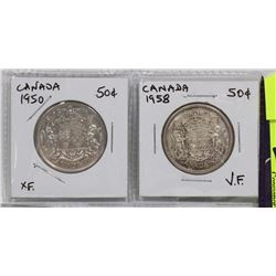 CANADIAN SILVER FIFITY CENT COINS 1950  1958.